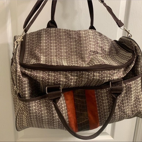 Large Brown Red Jacquard Duffle Travel Gym Weekender Bag - Picture 3 of 8